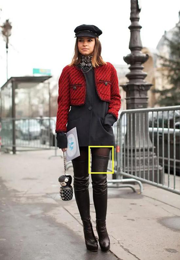 Với người đùi to, không nên chọn bốt dáng dài ôm sát vào đùi. Cách phối trên sẽ khiến bạn thu hút sự chú ý của mọi người vào khuyết điểm hình thể của mình.