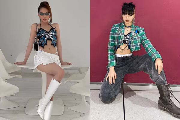 Ngọc Trinh lại copy nguyên cách diện của người mẫu hãng. Mỗi người một vẻ song so với Lisa thì Ngọc Trinh sexy hơn hẳn. Dù vậy, bộ đồ lại khiến vòng 1 cô nàng như “bốc hơi”, không còn độ “khủng” như nhiều khoảnh khắc trước đó.