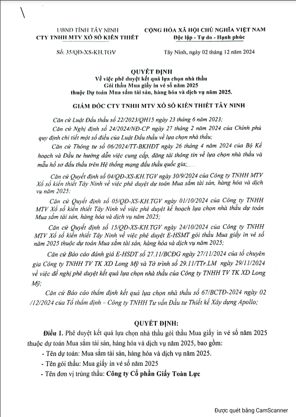 Cty Toan Luc se cung cap hon 19.000 ram giay in cho xo so Tay Ninh