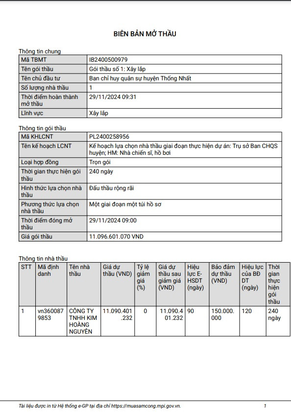 Đồng Nai: Duy nhất Kim Hoàng Nguyên gói thầu xây lắp hơn 11 tỷ Dong Nai: Duy nhat Kim Hoang Nguyen goi thau xay lap hon 11 ty