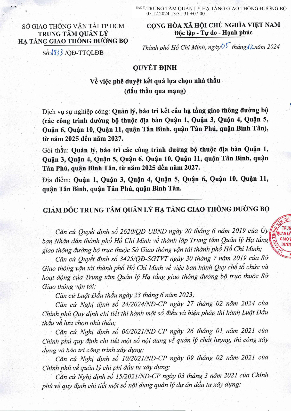 TP HCM: Cty giao thong Sai gon, 4 ngay trung 5 goi bao tri gan 2.500 ty