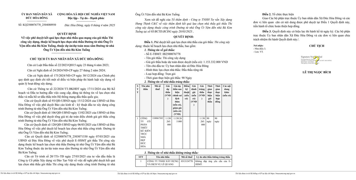 Long An: Nha Dep Duc Hoa trung 02 goi thau trong 01 ngay tai xa Duc Hoa Dong