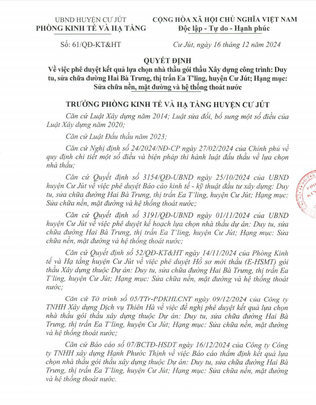 Dak Nong: Nang luc nha thau thuc hien sua chua duong Hai Ba Trung tai Ea T’ling