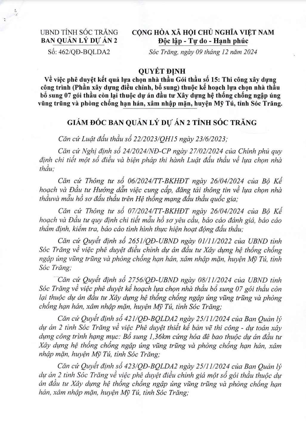 Dai Phat Thinh Can Tho: 1 thang trung 2 goi thau tai Ban QLDA2 Soc Trang