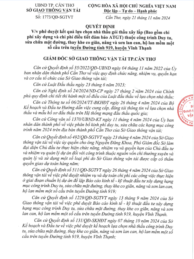 Cần Thơ: Cty Bình Nguyên Xanh trúng liền 3 gói sửa đường giao thông Can Tho: Cty Binh Nguyen Xanh trung lien 3 goi sua duong giao thong