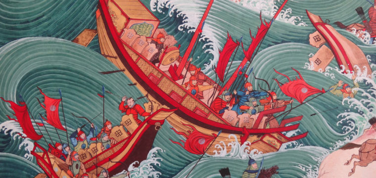 Ban đầu, đội quân của Hốt Tất Liệt chiếm được ưu thế khiến quân đội Nhật Bản rút lui vào trong. Sợ bị kẻ thù tập kích, quân Nguyên không đuổi theo. Toàn bộ lực lượng Hốt Tất Liệt rút về tàu chiến. Vào tối hôm đó, một cơn bão ập đến khiến phần lớn tàu chiến và binh sĩ nhà Nguyên bị đại dương "nuốt chửng". Vì vậy, lực lượng của Hốt Tất Liệt phải rút quân về nước.