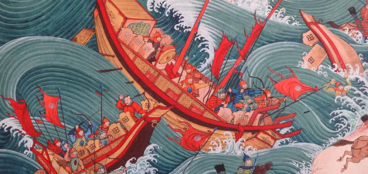 Ban đầu, đội quân của Hốt Tất Liệt chiếm được ưu thế khiến quân đội Nhật Bản rút lui vào trong. Sợ bị kẻ thù tập kích, quân Nguyên không đuổi theo. Toàn bộ lực lượng Hốt Tất Liệt rút về tàu chiến. Vào tối hôm đó, một cơn bão ập đến khiến phần lớn tàu chiến và binh sĩ nhà Nguyên bị đại dương "nuốt chửng". Vì vậy, lực lượng của Hốt Tất Liệt phải rút quân về nước.