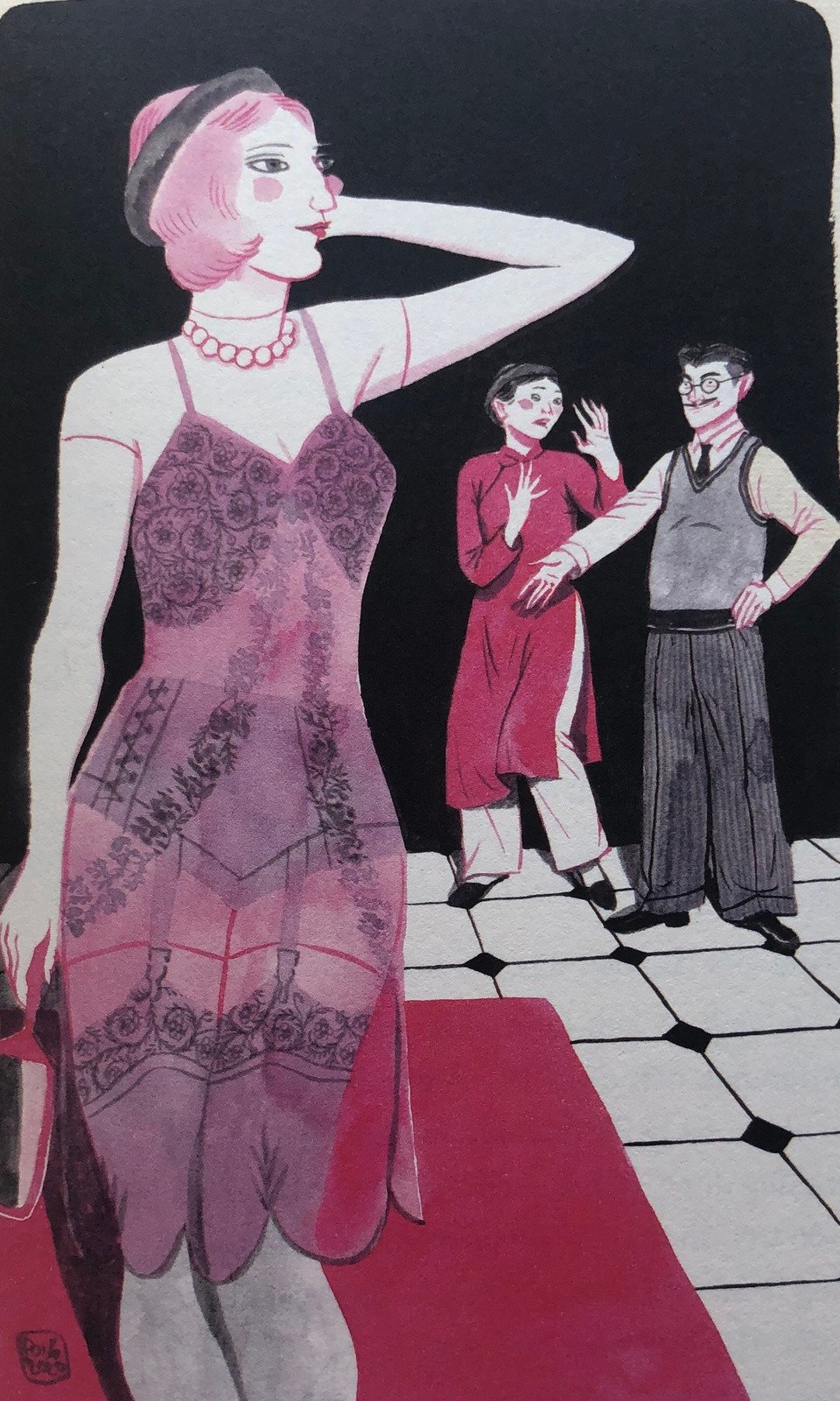 Văn Minh - một kẻ đi Tây du học 6-7 năm nhưng không có nổi một mảnh bằng, mở hiệu may với tôn chỉ cổ vũ phòng trào “Âu hóa” nhằm “phô ra những bộ phận kín đáo của phái đẹp” với cái áo “Ỡm ờ”, cái quần “Hãy chờ một chút”, áo lót “Hạnh phúc” và cả cái coóc sê “Ngừng tay”… (Ảnh: Thành Phong).