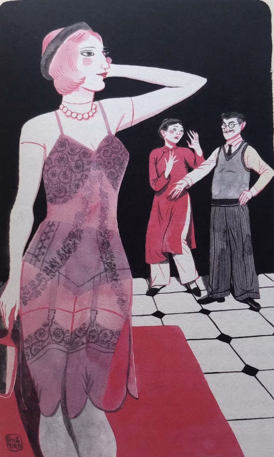 Văn Minh - một kẻ đi Tây du học 6-7 năm nhưng không có nổi một mảnh bằng, mở hiệu may với tôn chỉ cổ vũ phòng trào “Âu hóa” nhằm “phô ra những bộ phận kín đáo của phái đẹp” với cái áo “Ỡm ờ”, cái quần “Hãy chờ một chút”, áo lót “Hạnh phúc” và cả cái coóc sê “Ngừng tay”… (Ảnh: Thành Phong).