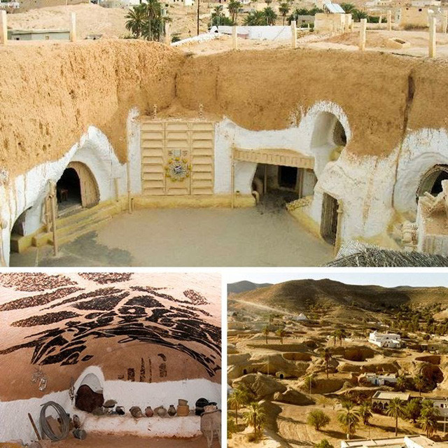 Thị trấn hang động: Người xưa ở Matmata ở miền nam Tunisia thích xây nhà dưới lòng đất. Từ năm 1970, chính quyền khuyến khích người dân làm nhà trên mặt đất. Tuy nhiên, người dân địa phương vẫn ưa nhà truyền thống hơn nên duy trì rất nhiều nhà “hang động” xưa.