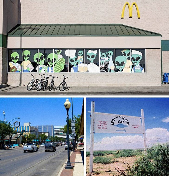 Thành phố “người ngoài hành tinh”: Năm 1947, một UFO (vật thể bay không xác định) đã rơi ở gần thị trấn Roswell, New Mexico, Mỹ. Tuy tính chất thật của sự kiện này còn bỏ ngỏ nhưng nơi đây nhanh chóng được gọi là “thành phố người ngoài hành tinh”. Roswell thường tổ chức các lễ hội theo chủ đề người ngoài hành tinh.