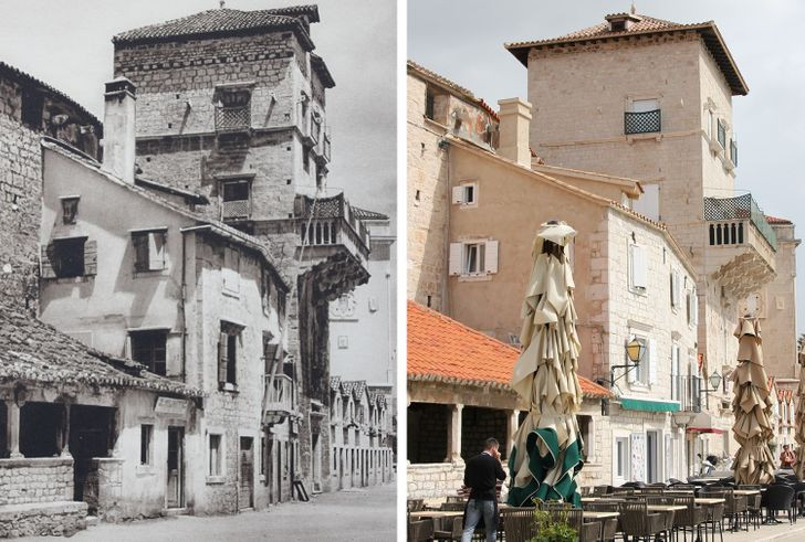 Những tòa nhà cổ ở Croatia năm 1926. Đến năm 2019, nơi đây trở thành địa điểm du lịch với nhiều cửa hàng ở vỉa hè.