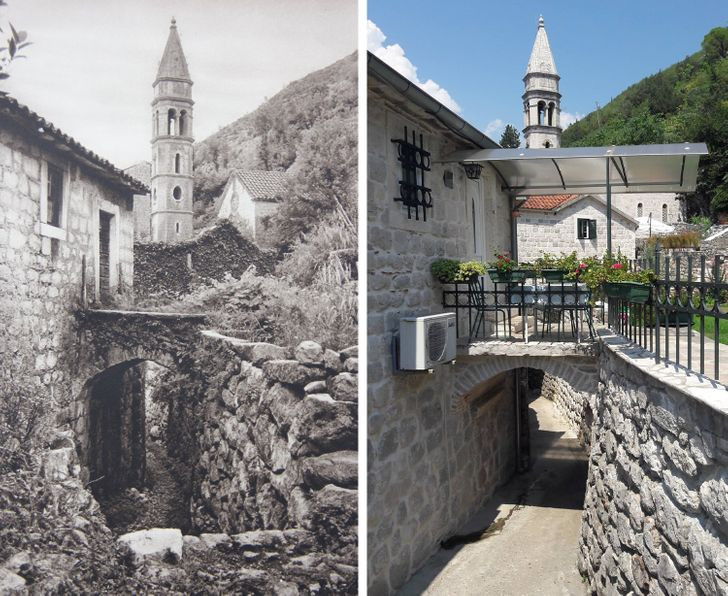 Một góc ở Montenegro năm 1926 (trái ảnh) có sự thay đổi lớn so với năm 2018.