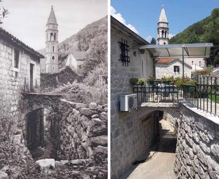 Một góc ở Montenegro năm 1926 (trái ảnh) có sự thay đổi lớn so với năm 2018.