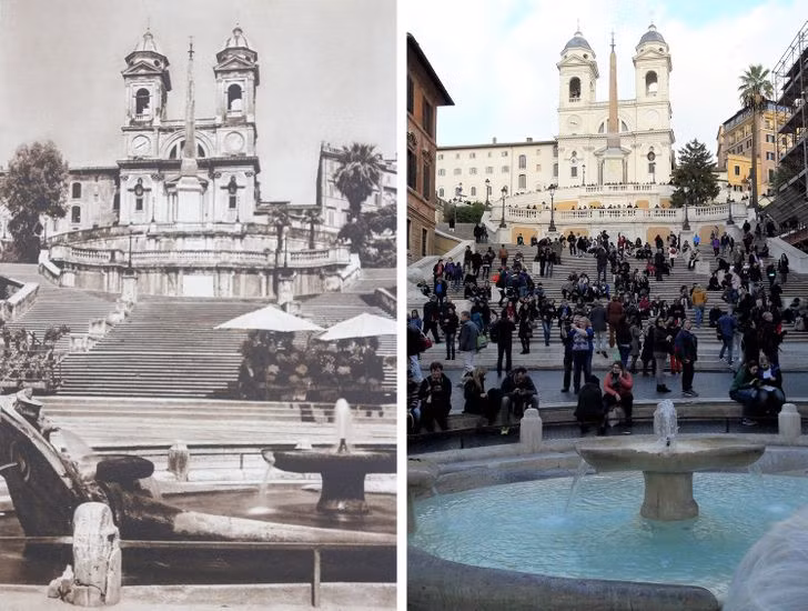 Đài phun nước phía trước một tòa nhà cổ kính ở Rome, Italy năm 1925 và 2016. Sau gần 100 năm, nơi đây trở thành địa điểm thu hút khách du lịch trong và ngoài nước.