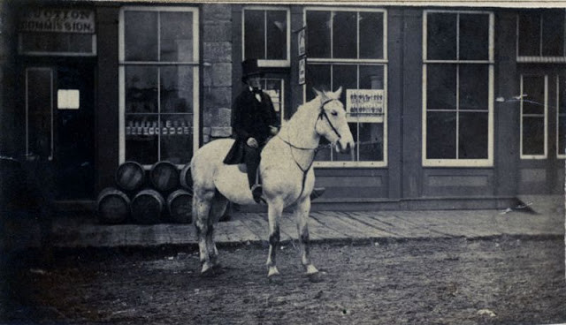 Một người đàn ông cưỡi con ngựa trắng. Vào những năm 1800, cưỡi ngựa là một trong những cách di chuyển phổ biến ở Mỹ.