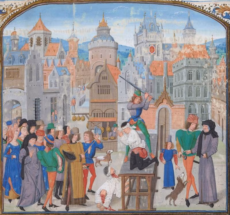 Tương tự như treo cổ, chặt đầu là một kiểu tử hình phổ biến ở châu Âu thời Trung cổ. Theo quan niệm của người dân khi đó, phương pháp tử hình này nhân đạo hơn những kiểu khác vì phạm nhân sẽ có cái chết nhanh và ít đau đớn hơn.