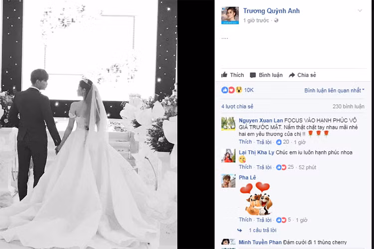 Bạn bè, đồng nghiệp và fans của Tim và Trương Quỳnh Anh vô cùng phấn khích trước thông tin cặp đôi làm đám cưới. Diễn viên Kha Ly gửi lời chúc mừng: "Chúc em yêu luôn hạnh phúc nha" còn siêu mẫu Xuân Lan để lại bình luận: "Tập trung vào hạnh phúc vô giá trước mặt. Nắm thật chặt tay nhau mãi nhé hai em yêu thương của chị".