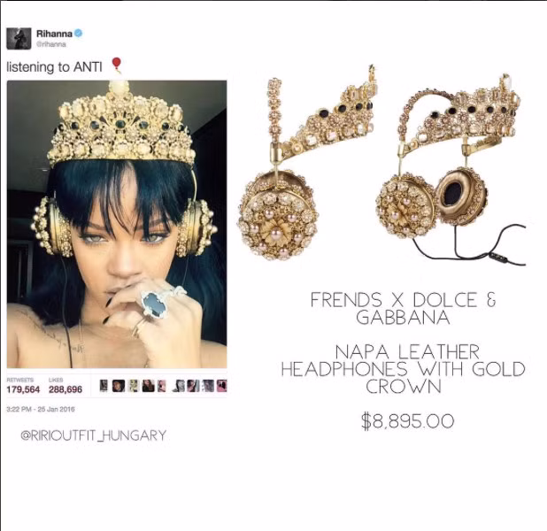 Rihanna còn thể hiện độ sành điệu của mình không thua kém bất cứ ai khi sở hữu chiếc tai nghe đính kim cương của Dolce &amp; Gabbana với giá 8.895 USD (gần 205 triệu đồng).