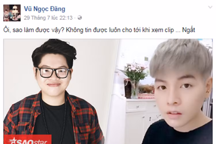 Xem clip Đức Phúc đàn hát ca khúc “Ánh nắng của anh”, đạo diễn Vũ Ngọc Đãng cũng bày tỏ sự ngỡ ngàng trước diện mạo mới của học trò Mỹ Tâm. "Ôi, sao làm được vậy? Không tin được luôn cho tới khi xem clip. Ngất", anh viết. Ảnh: chụp màn hình