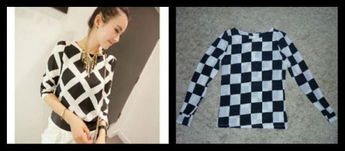 Trong ảnh, chiếc áo được chào bán kẻ quả trám còn áo bán ra lại kẻ ca rô!