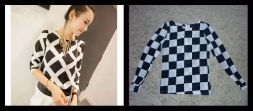 Trong ảnh, chiếc áo được chào bán kẻ quả trám còn áo bán ra lại kẻ ca rô!