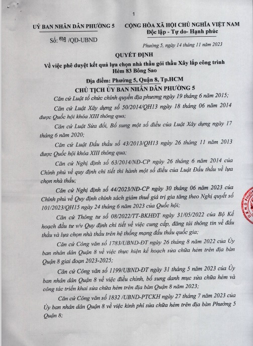 TP HCM: Kien Phuoc Thanh trung 2 goi thau tai UBND Phuong 5