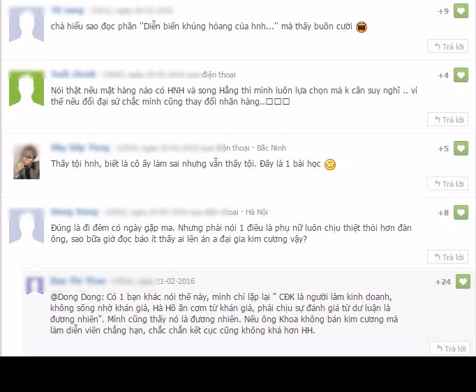 Riêng về việc Hồ Ngọc Hà bị các nhãn hàng tẩy chay, không thể thiếu bộ phận khán giả, cư dân mạng cảm thấy hả hê. Có người từng rất chuộng những sản phẩm có Hồ Ngọc Hà quảng cáo nhưng khi biết cô dính scandal gây ồn ào, người này quay sang ghét cô ca sĩ, ghét luôn cả sẩn phẩm, nhãn hàng đã từng rất tin dùng.