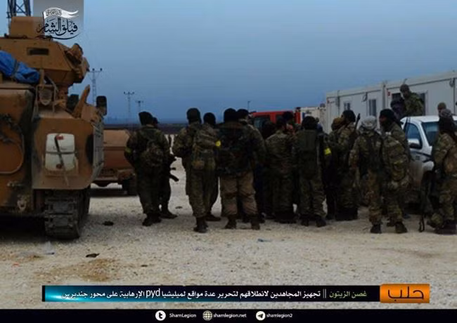 Cuộc tấn công của liên minh lực lượng quân đội Thổ Nhĩ Kỳ và FSA bắt đầu từ hướng tây nam Afrin, vượt qua biên giới Thổ Nhĩ Kỳ đánh vào thị trấn Jandaris.