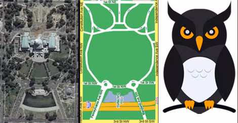 Bố cục khu vực trung tâm quyền lực nước Mỹ trong hình con cú vọ.