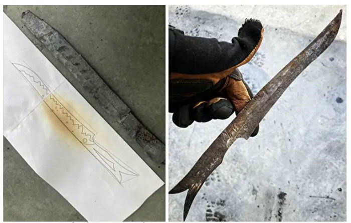 Vào đầu năm 2022, Tristan Dare đã mua lại thiên thạch có tên “Swiss Sky Iron” (Muonionalusta) từ Đức và bắt đầu rèn con dao tuyệt đẹp này với hoa văn nước. Thiên thạch va vào trái đất cách đây 1 triệu năm, chứa lõi sắt lỏng, và bị làm lạnh bởi bốn kỷ băng hà cho đến khi được phát hiện vào năm 1906.