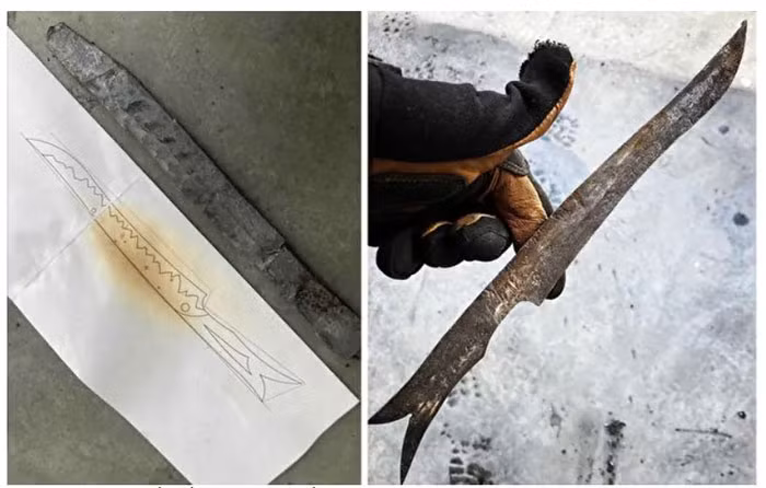 Vào đầu năm 2022, Tristan Dare đã mua lại thiên thạch có tên “Swiss Sky Iron” (Muonionalusta) từ Đức và bắt đầu rèn con dao tuyệt đẹp này với hoa văn nước. Thiên thạch va vào trái đất cách đây 1 triệu năm, chứa lõi sắt lỏng, và bị làm lạnh bởi bốn kỷ băng hà cho đến khi được phát hiện vào năm 1906.