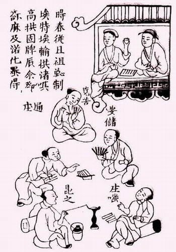 Hình vẽ trên mỗi quân bài lại mang phong cách tranh mộc bản (木本 mokuhan) của Nhật Bản nên có người đặt câu hỏi phải chăng tổ tôm xuất phát từ Nhật. Nguyên nhân có lẽ chỉ là do dưới thời Pháp thuộc, công ty A.Camoin &amp; Cie của Pháp đã cho phát hành bộ bài tổ tôm với những hình trang trí lấy cảm hứng từ mĩ thuật Nhật Bản.