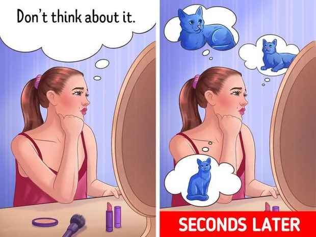  5. Lý thuyết quá trình mỉa mai: Hầu hết chúng ta đều không muốn phải nghĩ hay nhớ lại về những trải nghiệm không may hay khoảnh khắc xấu hổ của mình. Thế nhưng bạn càng cố gắng kìm nén những hồi tưởng đó, chúng càng hiện ra trong đầu. Càng muốn quên điều gì và “bảo” não bộ đừng nghĩ, bạn sẽ càng nghĩ nhiều.