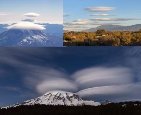 Hình ảnh đám mây xuất hiện trên bầu trời Dublin, thủ đô của Ireland và mây ở Tucson, Arizona, Mỹ (trên). David Roberts cũng đã chụp được ảnh mây dạng thấu kính ở núi Rainier, Washington, Mỹ.