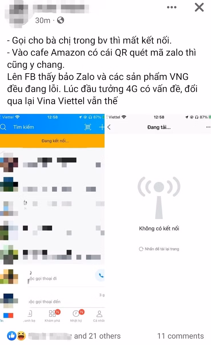 Đây cũng là tình trạng chung của nhiều người dùng. Các phản ánh xuất nhiều từ khoảng 11h. Khi thực hiện thao tác như gửi tin nhắn, tìm kiếm bạn bè, truy cập tiện ích bên trong..., ứng dụng đều hiển thị "Đang kết nối" hoặc "Không có kết nối". Một số cho biết app vẫn báo có tin nhắn mới, nhưng khi mở ra chỉ thấy nội dung cũ.