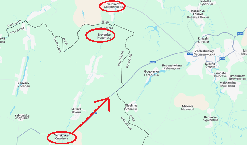 Làng Novenkoye nằm giữa ngôi làng Sverdlikovo vừa được giải phóng và con đường từ Yunakovka của Sumy đến thành phố Sudzha, nơi hiện đang bị Lực lượng Vũ trang Ukraine chiếm giữ. Ảnh: Google Maps
