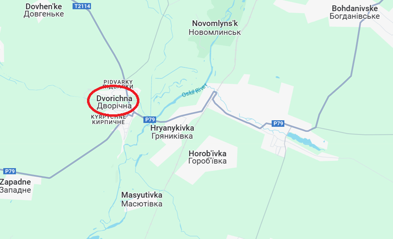 Vì vậy, từ ba tháng trước, quân đội Nga đã cố gắng tìm kiếm đột phá từ phía bắc Kupiansk. Họ đã thành công vượt sông Oskil dọc theo đường cao tốc P79 và chiếm được Dvorichna – một cứ điểm quan trọng ở bờ tây sông. Sau đó, quân Nga tiếp tục mở rộng khu vực kiểm soát dọc theo tuyến đường này. Ảnh: Google Maps