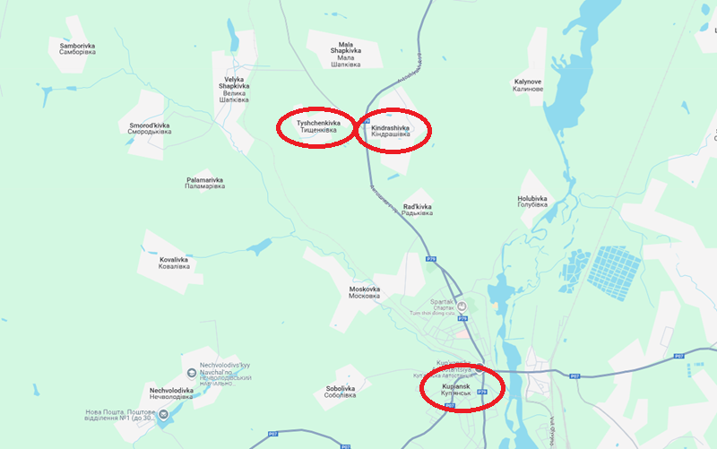 Theo truyền thông Nga, tính đến hiện tại, quân Nga đã mở rộng khu vực kiểm soát lên hơn 800 km² và đang tiến sát phía tây Kupiansk, chỉ còn cách vùng ngoại ô phía bắc của thành phố 2,5 km. Hiện tại, quân Nga đang tấn công Kindrashivka – tuyến phòng thủ lớn nhất ở phía bắc Kupiansk. Ngày 30/3, quân Nga đã tiến đến cửa ngõ phía bắc và tuyến đường phía đông của ngôi làng, bắt đầu bao vây khu vực này. Ảnh: Google Maps