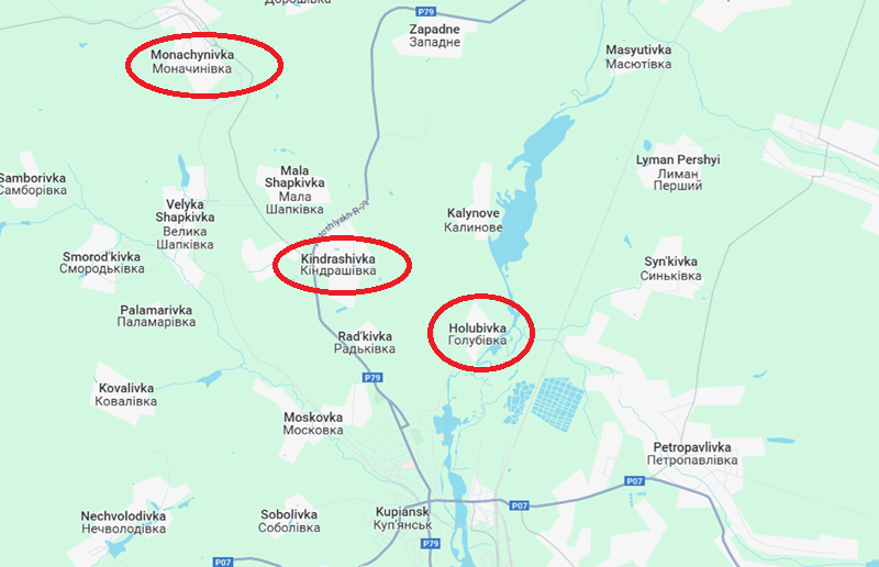 Để ngăn chặn điều này, quân đội Ukraine đã bắt đầu tập trung lực lượng tại Monachynivka gần đó, chuẩn bị phản công nhằm giành lại khu vực phía bắc Kindrashivka. Để đạt được mục tiêu này, Ukraine đã triển khai lực lượng tinh nhuệ "Kraken". Đơn vị này gần đây đã tích cực tuyển mộ thanh niên Ukraine, bao gồm cả những tân binh từ 17 đến 18 tuổi. Ảnh: Google Maps