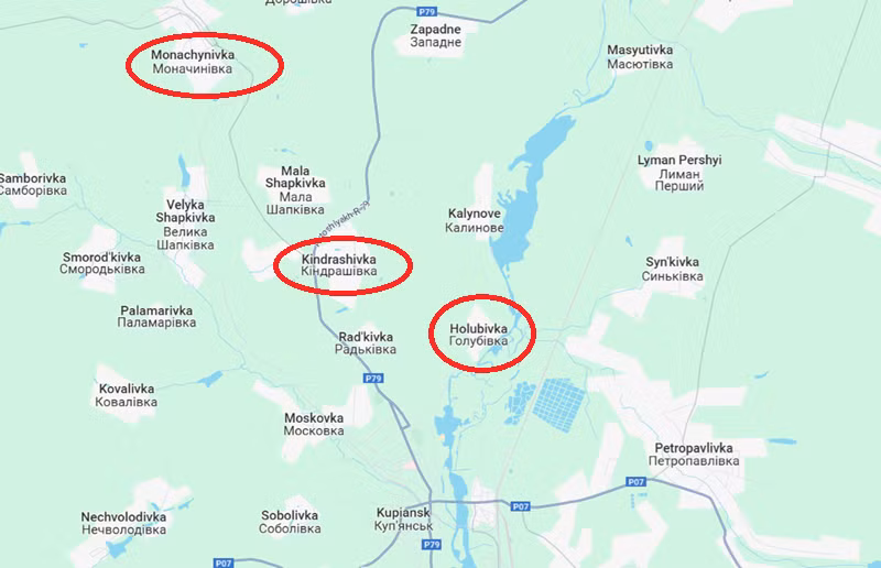 Để ngăn chặn điều này, quân đội Ukraine đã bắt đầu tập trung lực lượng tại Monachynivka gần đó, chuẩn bị phản công nhằm giành lại khu vực phía bắc Kindrashivka. Để đạt được mục tiêu này, Ukraine đã triển khai lực lượng tinh nhuệ "Kraken". Đơn vị này gần đây đã tích cực tuyển mộ thanh niên Ukraine, bao gồm cả những tân binh từ 17 đến 18 tuổi. Ảnh: Google Maps