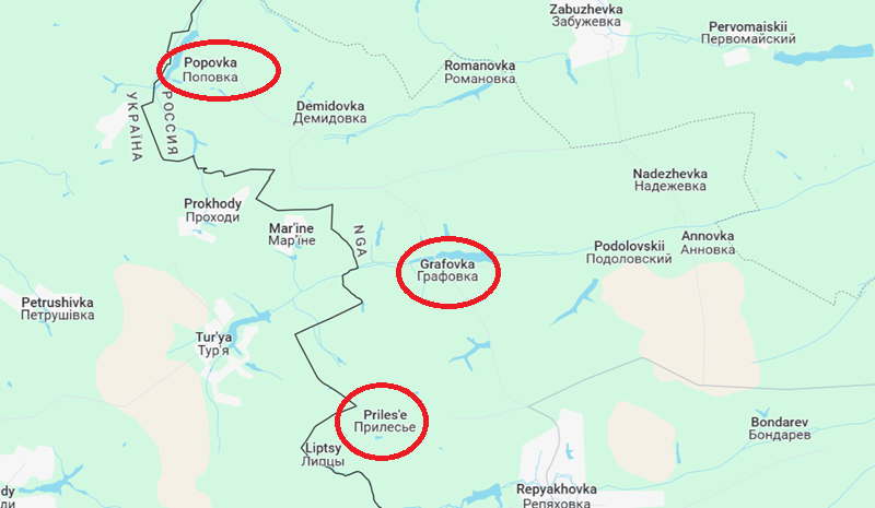 Tại các làng Grafovka và Prilese, quân Ukraine vẫn đóng quân bên ngoài khu vực làng mà chưa có bước tiến sâu hơn. Họ chủ yếu sử dụng pháo binh và máy bay không người lái để tấn công các vị trí của quân Nga bên trong làng. Ảnh: Google Maps