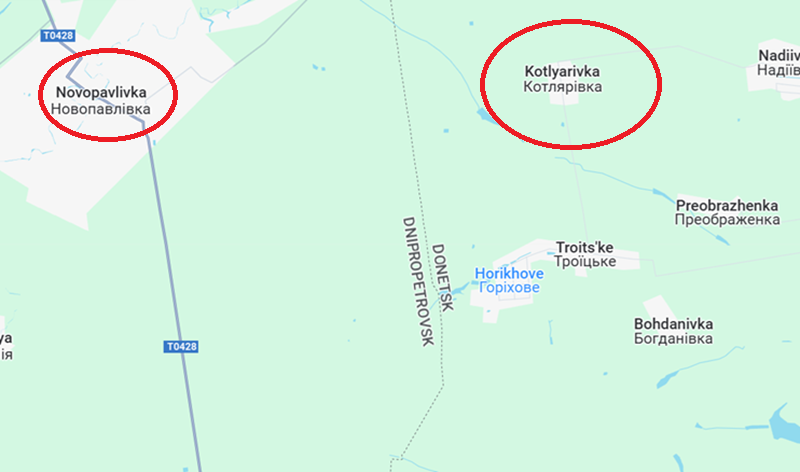 Hiện tại, quân Nga đã tiến vào làng Kotlyarivka từ hướng nam và đông, còn quân Ukraine đang phòng thủ ở phía tây bắc ngôi làng. Ukraine nhiều lần tìm cách đưa lực lượng dự bị tới tiếp viện, nhưng mỗi lần đều bị quân Nga phát hiện và đánh chặn trên đường đi, gây thiệt hại nghiêm trọng. Ảnh: Google Maps