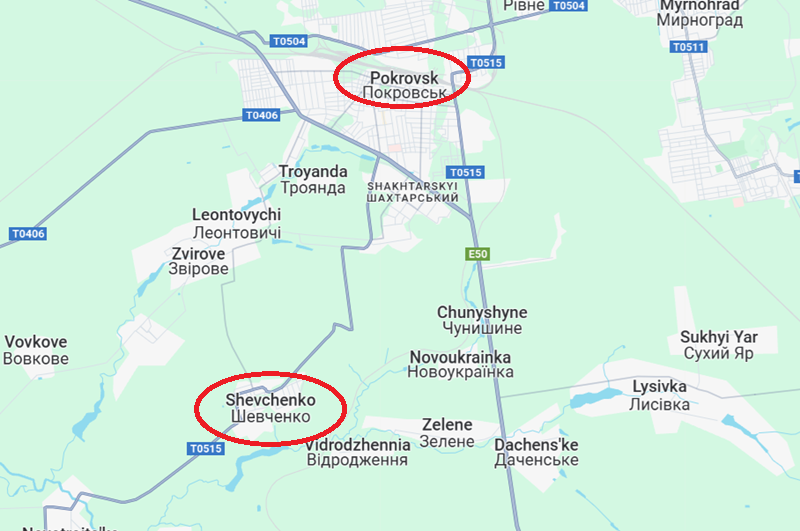 Hãng thông tấn Ukraine đưa tin ngày 14/4 rằng, quân đội Ukraine đang lên kế hoạch dốc toàn lực để giành lại ngôi làng Shevchenko, một trong những điểm then chốt trong hệ thống phòng ngự vòng ngoài của Pokrovsk. Ảnh: Google Maps
