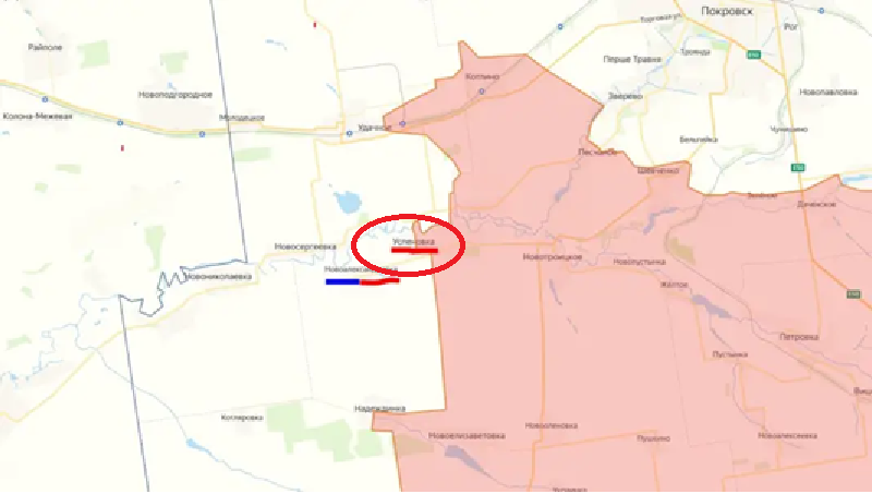 Trong khi đó, Bộ Quốc phòng Nga lại khẳng định chính lực lượng Ukraine đã chủ động phản công tại nhiều điểm ở Pokrovsk. Đáng chú ý nhất là làng Uspenivka – nơi quân Ukraine được cho là đã tái chiếm ngay trước thời điểm ngừng bắn có hiệu lực, đồng thời mở rộng đà tiến công dọc theo sông Solone. Ảnh: Top War