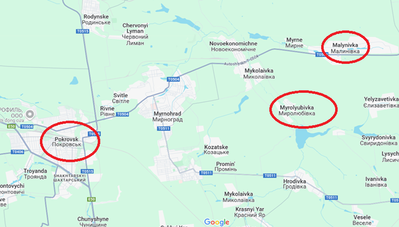 Bất chấp lệnh ngừng bắn tạm thời, khu vực Pokrovsk tiếp tục trở thành điểm nóng, với những tuyên bố trái ngược từ cả hai phía. Theo phía Ukraine, đây là khu vực xảy ra giao tranh ác liệt nhất trong suốt thời gian đình chiến, đặc biệt là tại phía đông thành phố – bao gồm các khu vực Myrolyubivka và Malynivka. Kyiv cáo buộc Nga dồn toàn lực tấn công vào các vị trí này, bất chấp cam kết ngừng bắn. Ảnh: Google Maps