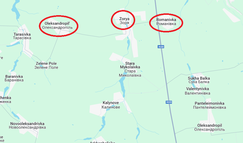 Về lý thuyết, Ukraine có thể thiết lập tuyến phòng ngự mới kéo dài từ Romanivka qua Zorya đến Oleksandropil để ngăn chặn đòn đánh sườn, nhưng thực tế lại không mấy khả quan: tuyến hậu cần ở khu vực này quá đơn độc và đang bị hỏa lực Nga đe dọa từ bên hông, khiến việc giữ vững trận địa trở nên vô cùng khó khăn. Ảnh: Google Maps