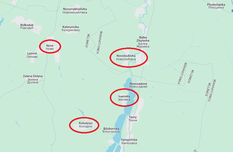 Ban đầu, quân đội Nga tập trung tiến công từ Ivanivka về hướng Kolodyazi, và xét theo hướng tấn công, mục tiêu của họ dường như là thị trấn chiến lược Lyman. Tuy nhiên, trong vài ngày gần đây, trọng tâm tấn công của Nga có vẻ đã chuyển sang khu vực phía tây bắc và phía bắc của Ivanivka, cụ thể là dọc theo tuyến từ Nove đến Novolyubivka. Dựa trên hướng tiến công, mục tiêu của quân Nga có thể là thị trấn chiến lược Borova. Ảnh: Google Maps