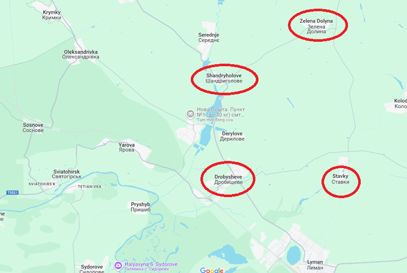 Cùng lúc đó, quân đội Nga sẽ tiếp tục tiến công về phía Lyman – một cầu nối chiến lược đủ sức hỗ trợ họ đánh xuống phía nam để chiếm trọn thị trấn này. Trong khi tấn công từ Ivanivka hướng đến Lyman, Nga có thể đồng thời mở mũi tấn công từ Nove đánh chiếm Zelena Dolyna, sau đó kiểm soát các làng Shandryholove và Drobysheve để thiết lập các vị trí phòng thủ vững chắc dọc bờ đông sông Nitrius. Ảnh: Google Maps
