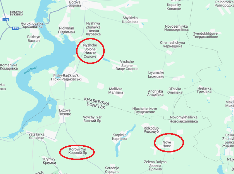 Một khi mũi nhô này được củng cố hoàn toàn, Nga có thể tìm cách bao vây khu vực bờ đông hồ chứa Oskil. Cụ thể, họ có thể tiến từ Katerynivka dọc theo tuyến đường cao tốc xuống Nyzhche Solone, ưu tiên chiếm đoạn bờ hồ Oskil, sau đó men theo đường bờ đông tiến về phía nam Borova. Ảnh: Google Maps